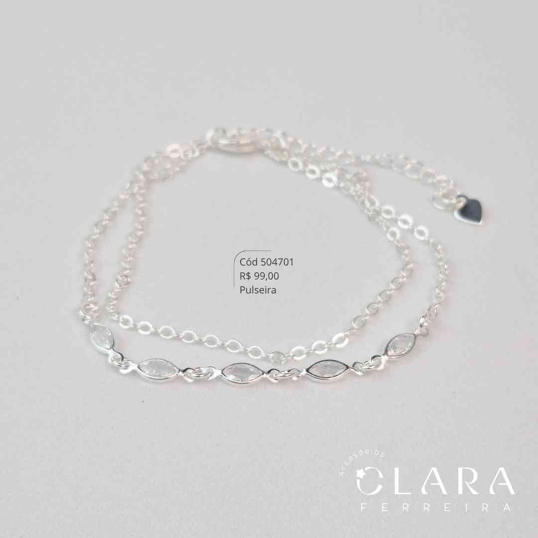 PULSEIRA DUPLA 2 FIOS ELOS: 1 FIO LISO E 1 FIO C/ 3 ZIRCONIAS NAVETE 5MM FIXAS - 17CM - Banho de Prata