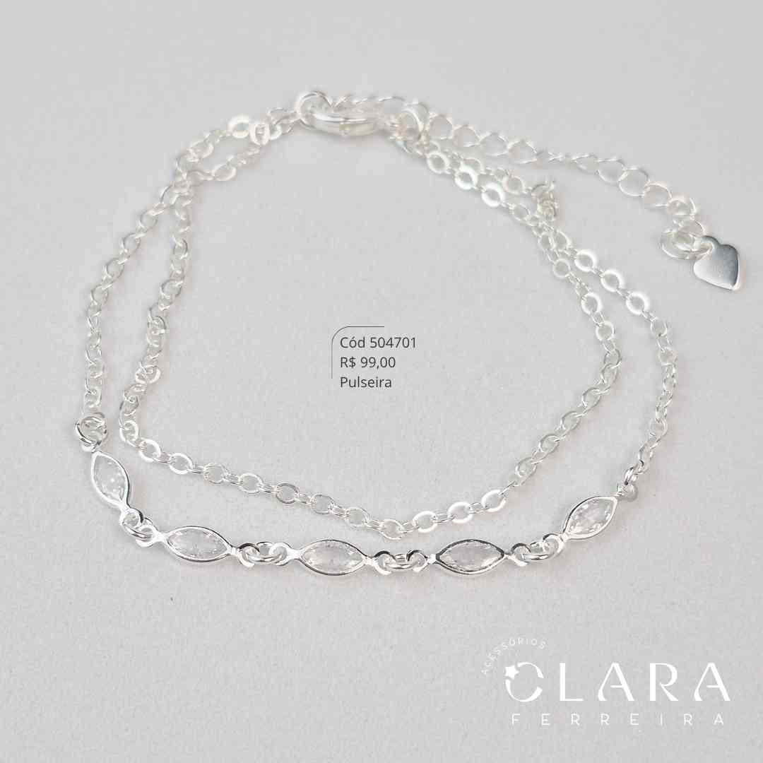 PULSEIRA DUPLA 2 FIOS ELOS: 1 FIO LISO E 1 FIO C/ 3 ZIRCONIAS NAVETE 5MM FIXAS - 17CM - Banho de Prata