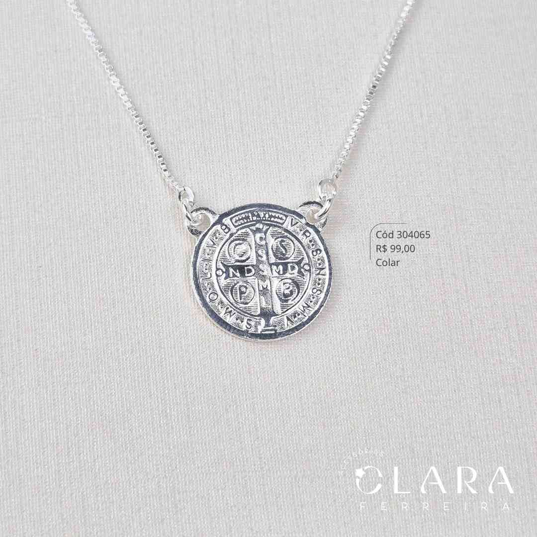 COLAR VENEZIANA C/ PINGENTE MEDALHA SÃO BENTO REDONDA 15MM - 45CM - Banho de Prata