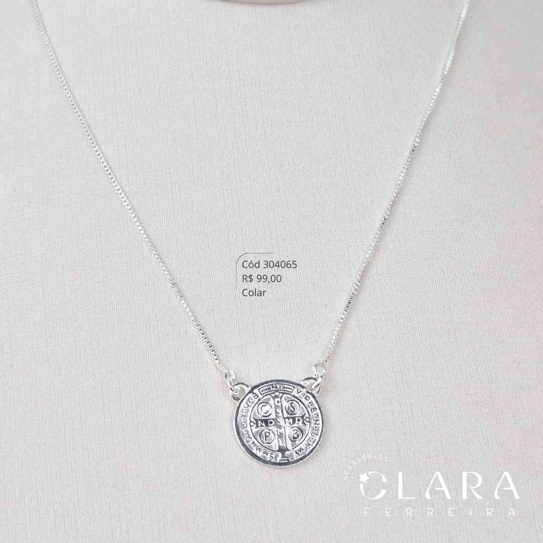 COLAR VENEZIANA C/ PINGENTE MEDALHA SÃO BENTO REDONDA 15MM - 45CM - Banho de Prata