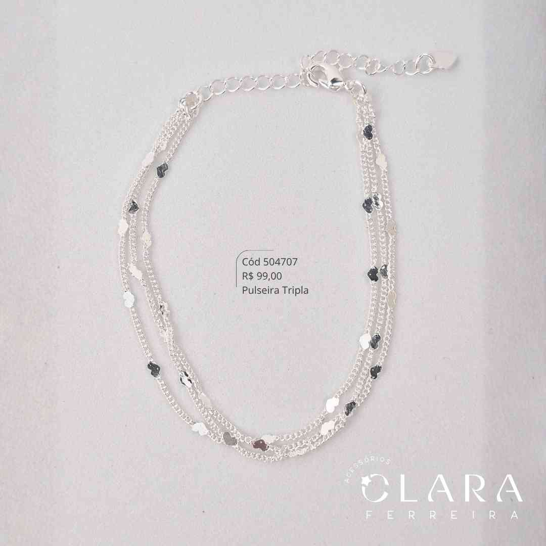 PULSEIRA TRIPLA 3 FIOS ELOS GRUMET 3X1 C/ CORAÇÕES MARTELADOS - 17CM - Banho de Prata