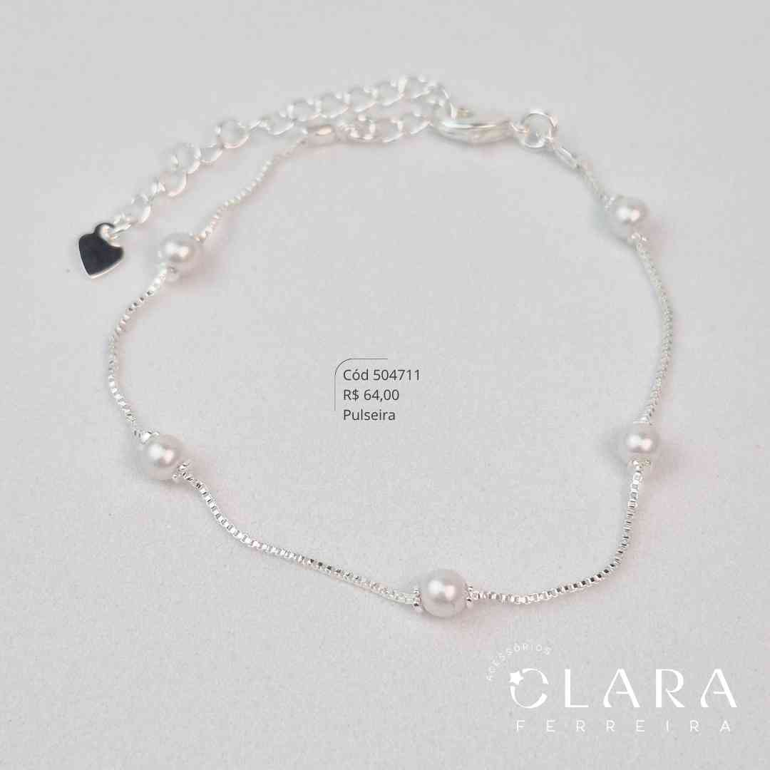PULSEIRA VENEZIANA C/ 5 PEROLAS 4MM FIXAS - 17CM - Banho de Prata