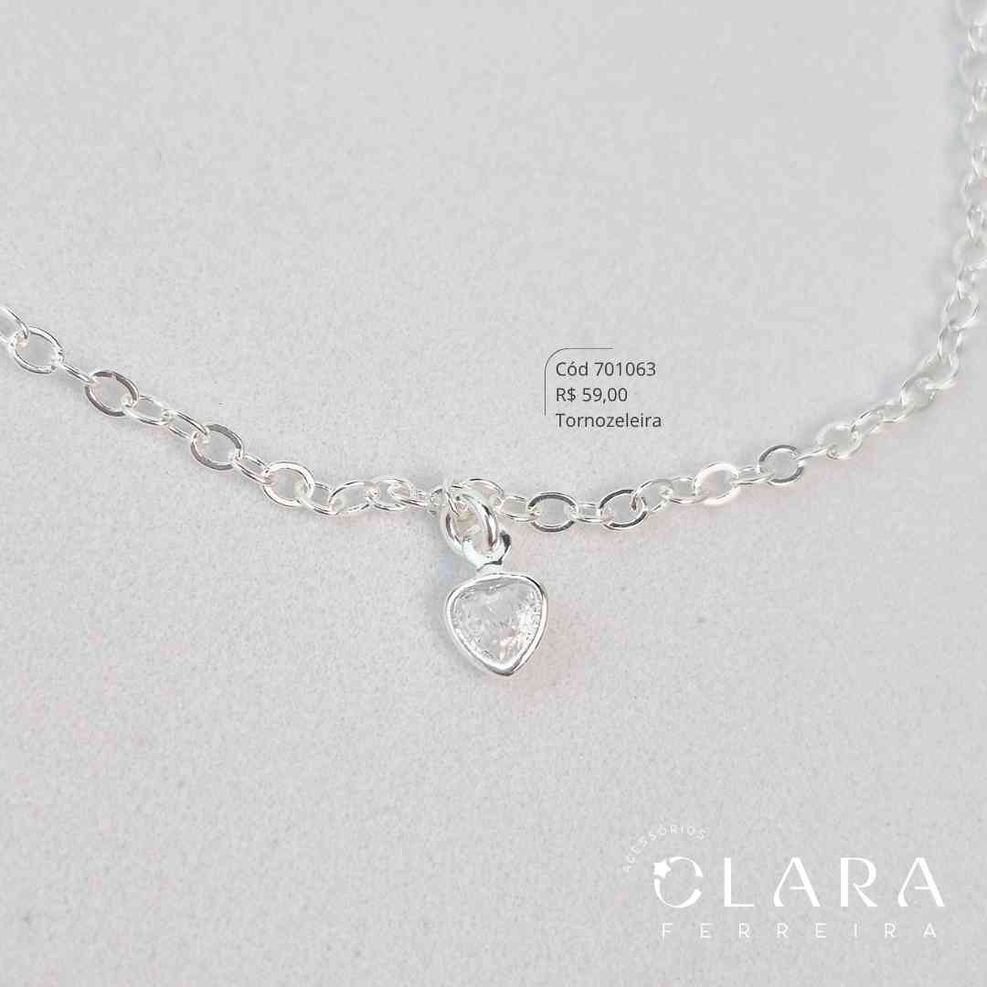 TORNOZELEIRA ELOS C/ 1 ZIRCONIA CORAÇÃO 5MM PENDURADA - 22CM - Banho de Prata