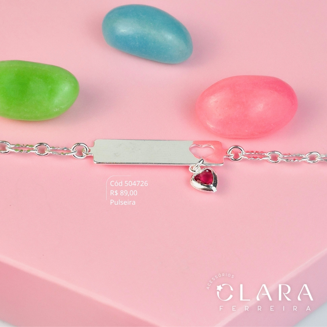 PULSEIRA INFANTIL ELOS JATEADOS C/ PLAQUINHA LISA C/ CORAÇÃO VAZADO E 1 ZIRCÔNIA CORAÇÃO 5MM PENDURADA - CLARINHA KIDS - 14MM - Banho de Prata