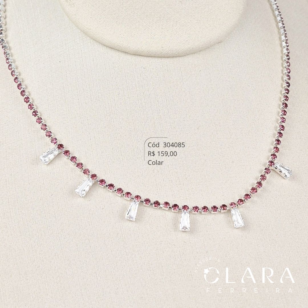 COLAR CHOKER RIVIERA ZIRCÔNIA REDONDA COR DE ROSA C/ 7 ZIRCÔNIAS TRAPÉZIO FIXAS - 35+10CM - Banho de Prata