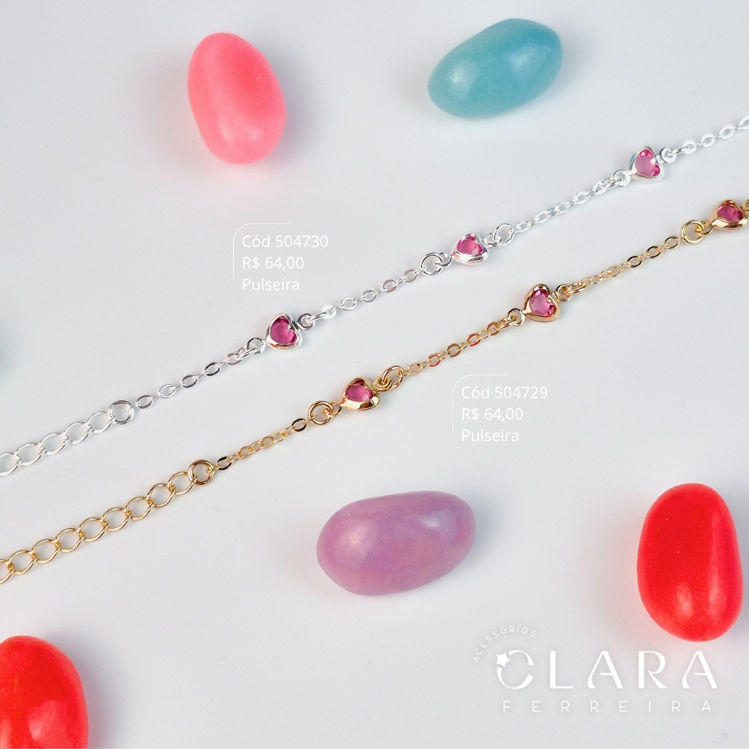 PULSEIRA INFANTIL ELOS C/ 4 ZIRCÔNIAS CORAÇÃO COR DE ROSA 5MM FIXAS - CLARINHA KIDS - 14CM - Dourado