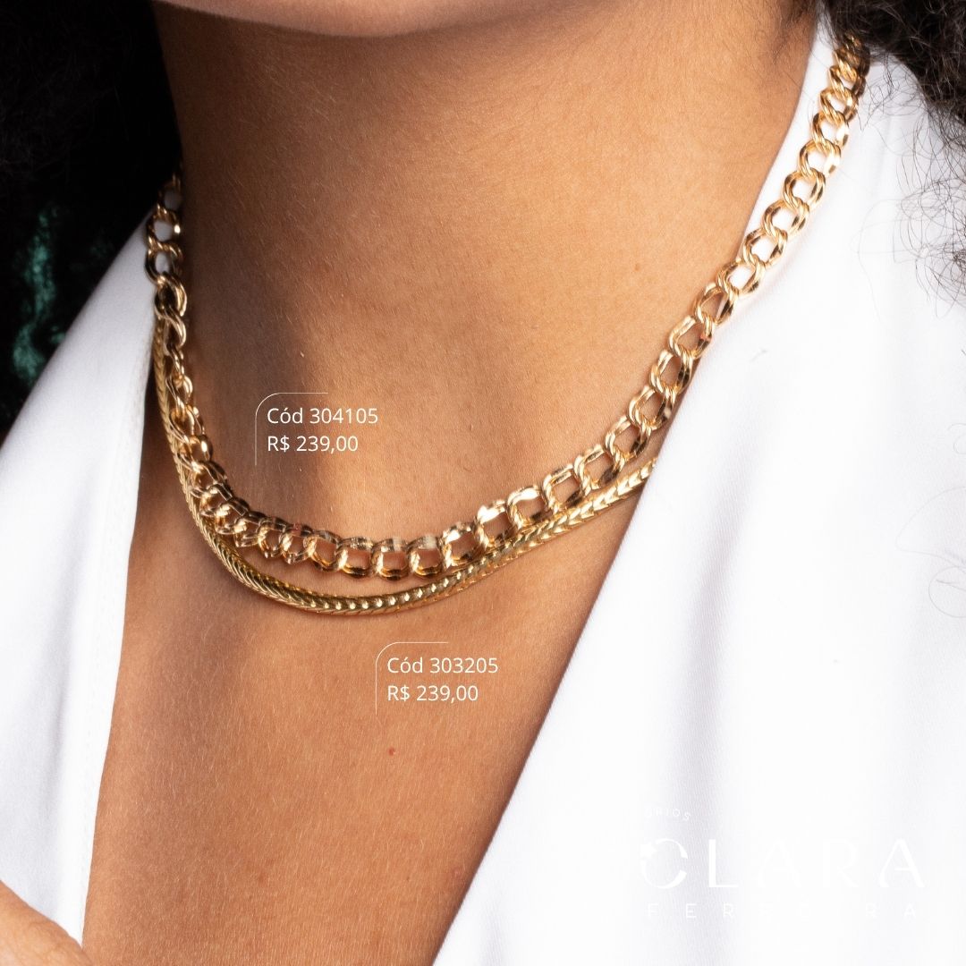 COLAR CHOKER ELOS GRUMET 1X1 DUPLOS ONDULADOS - 40CM - Dourado