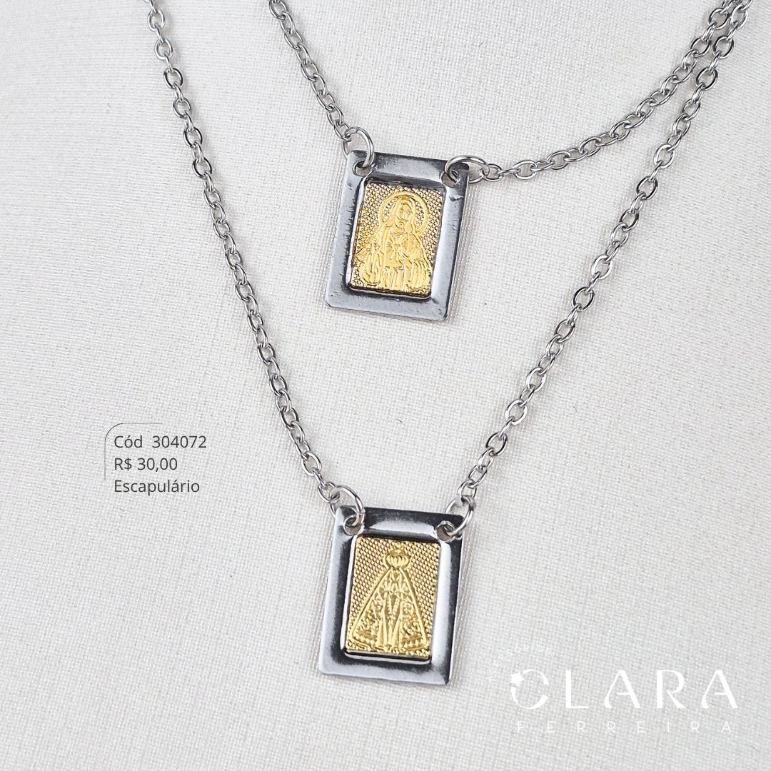 COLAR ESCAPULÁRIO ELOS C/ MEDALHAS SAGRADO CORAÇÃO DE JESUS E NOSA SENHORA C/ DETALHE DOURADO - 16MM - 60CM - Aço