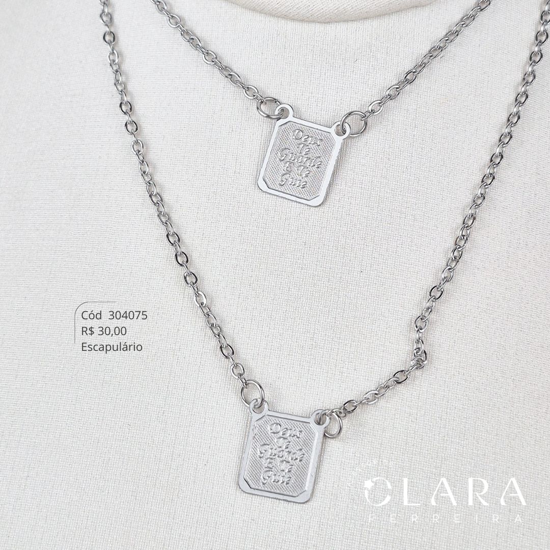 COLAR ESCAPULÁRIO ELOS C/ MEDALHAS MANUSCRITO DEUS TE GUARDE E TE GUIE - 12MM - 60CM - Aço