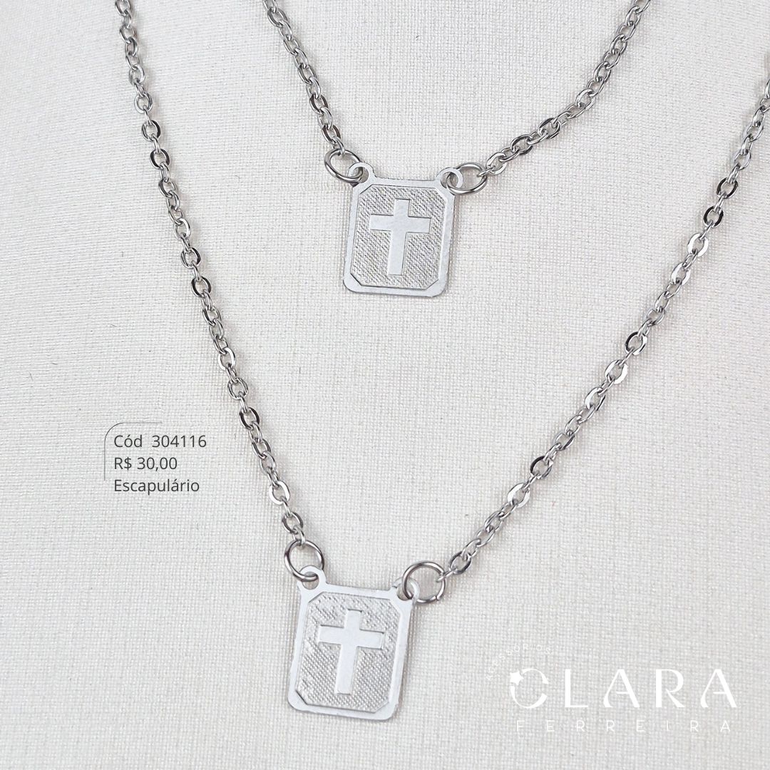 COLAR ESCAPULÁRIO ELOS C/ MEDALHAS JATEADA CRUZ LISA - 11MM - 60CM - Aço