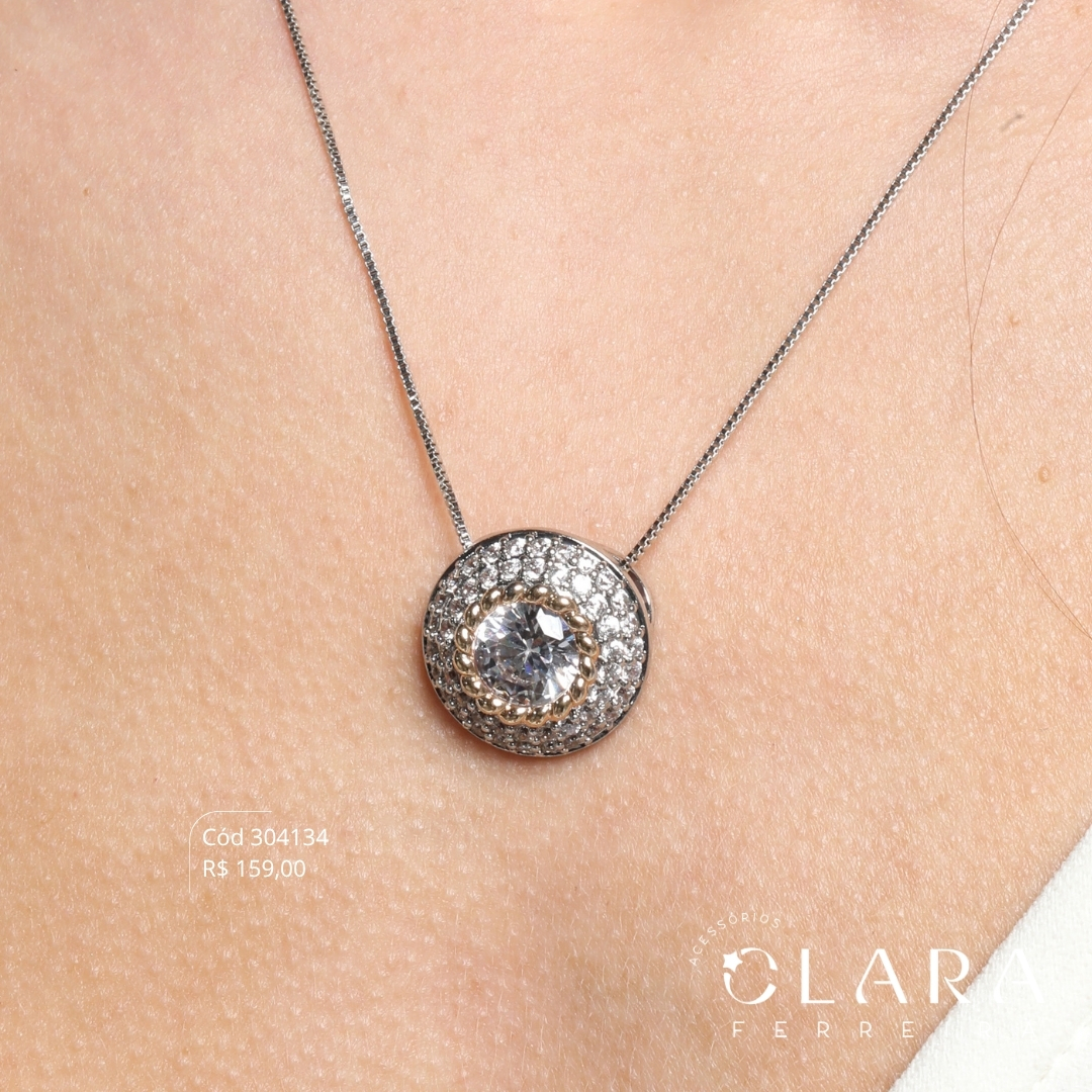 COLAR VENEZIANA C/ PINGENTE BOTÃO CHUVEIRINHO MICROZIRCÔNIAS C/ ZIRCÔNIA REDONDA 8MM NO MEIO - PEÇA EXCLUSIVA - 19MM - 45CM - Ródio Branco