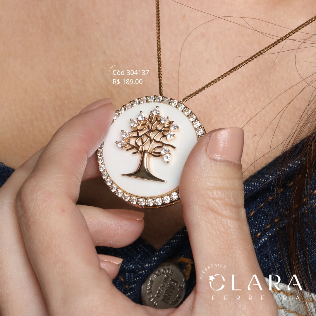 COLAR VENEZIANA C/ MANDALA MADRE PÉROLA C/ ÁRVORE DA VIDA MICROZIRCÔNIAS E BORDA 1 FILEIRA MICROZIRCÔNIAS - PEÇA EXCLUSIVA - 32MM - 45CM - Dourado