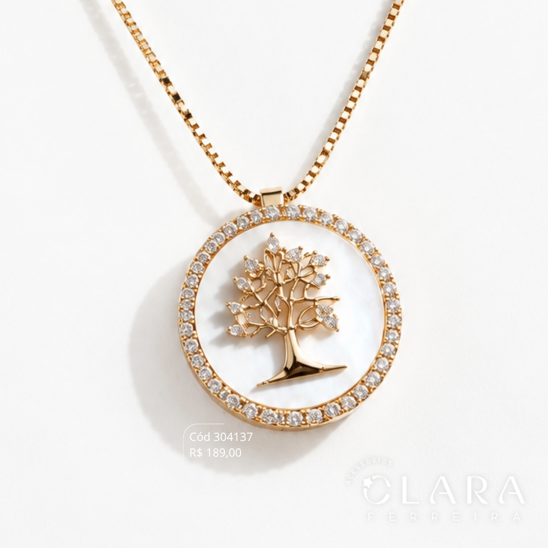 COLAR VENEZIANA C/ MANDALA MADRE PÉROLA C/ ÁRVORE DA VIDA MICROZIRCÔNIAS E BORDA 1 FILEIRA MICROZIRCÔNIAS - PEÇA EXCLUSIVA - 32MM - 45CM - Dourado