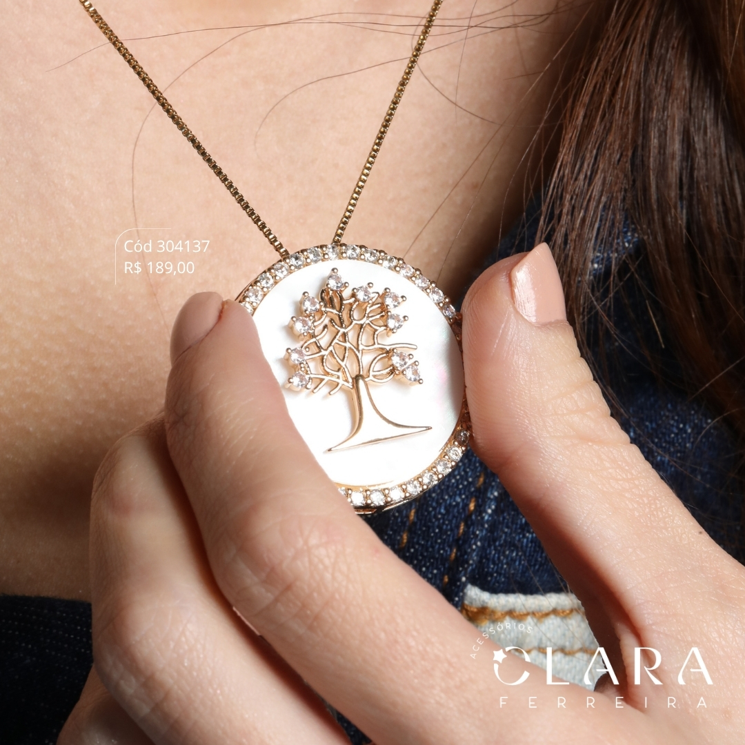 COLAR VENEZIANA C/ MANDALA MADRE PÉROLA C/ ÁRVORE DA VIDA MICROZIRCÔNIAS E BORDA 1 FILEIRA MICROZIRCÔNIAS - PEÇA EXCLUSIVA - 32MM - 45CM - Dourado