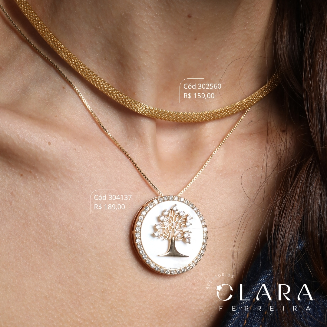 COLAR VENEZIANA C/ MANDALA MADRE PÉROLA C/ ÁRVORE DA VIDA MICROZIRCÔNIAS E BORDA 1 FILEIRA MICROZIRCÔNIAS - PEÇA EXCLUSIVA - 32MM - 45CM - Dourado