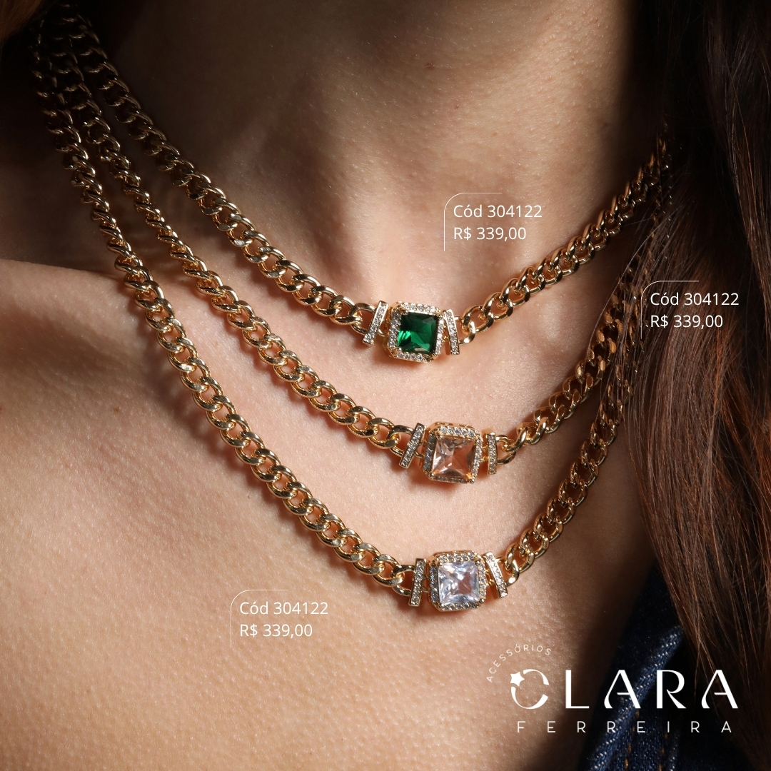 COLAR CHOKER ELOS GRUMET 1X1 C/ ZIRCÔNIA QUADRADA 8MM ADORNADA MICROZIRCÔNIAS FIXA - 6MM - 40+5CM - Dourado
