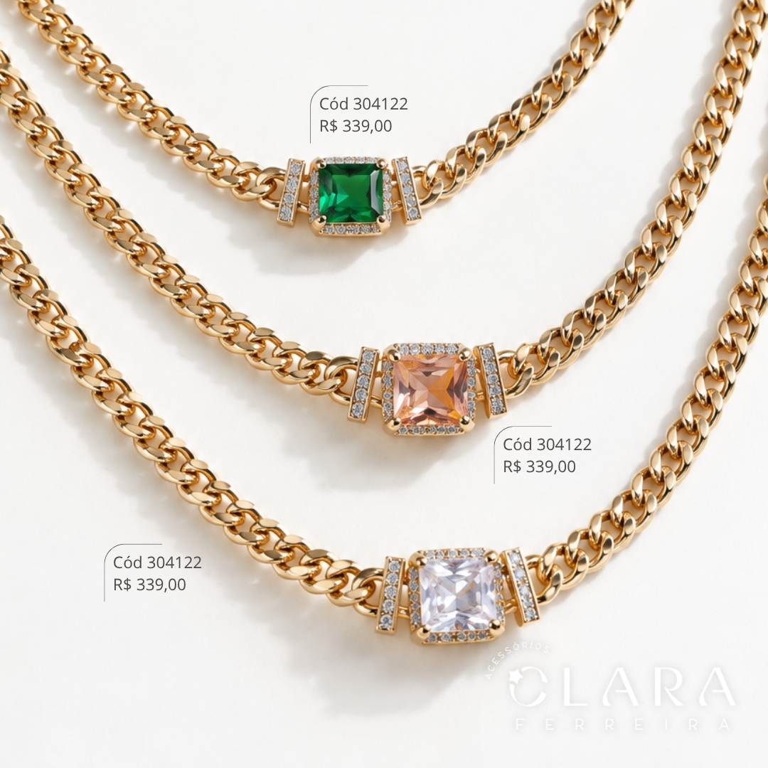 COLAR CHOKER ELOS GRUMET 1X1 C/ ZIRCÔNIA QUADRADA 8MM ADORNADA MICROZIRCÔNIAS FIXA - 6MM - 40+5CM - Dourado