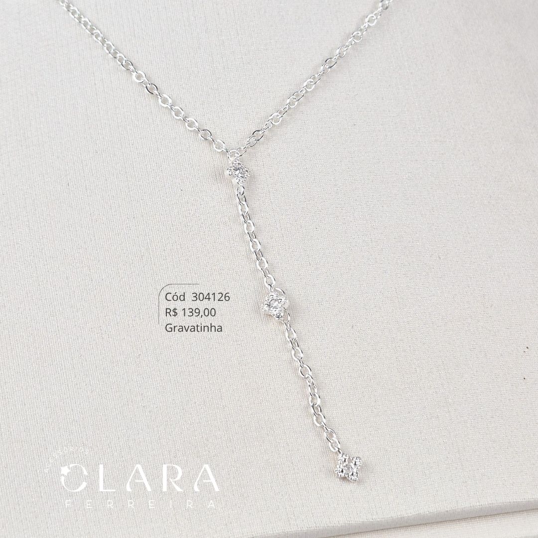 COLAR GRAVATINHA ELOS C/ 7 TREVOS VAN CLEEF ALHAMBRA MICROZIRCÔNIAS PENDURADOS - 45CM - Banho de Prata