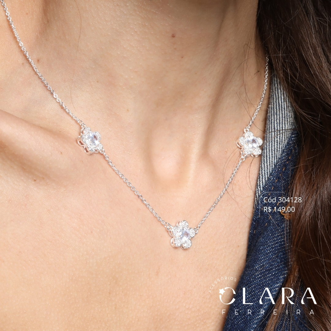COLAR ELOS C/ 3 FLORES MICROZIRCÔNIAS C/ MIOLO ZIRCÔNIA 6MM FIXAS - 45CM - Banho de Prata