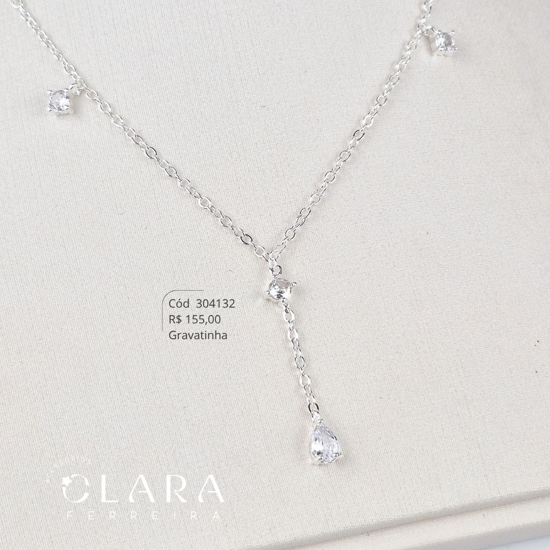 COLAR GRAVATINHA ELOS C/ 6 ZIRCÔNIAS 4MM CAIXA INGLESA PENDURADAS - 45CM - Banho de Prata