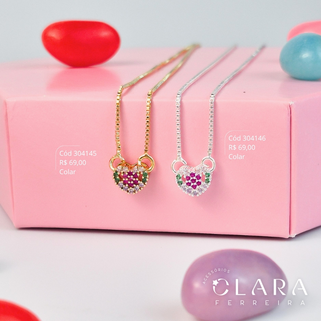 COLAR INFANTIL ELOS C/ PINGENTE CORAÇÃO MICROZIRCÔNIAS COLORIDAS 6MM- CLARINHA KIDS - 40CM - Dourado