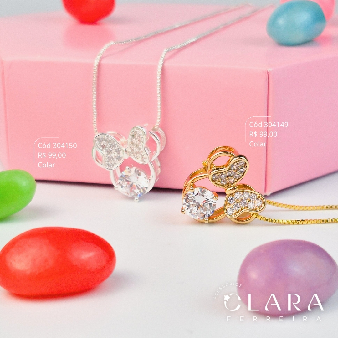 COLAR INFANTIL VENEZIANA C/ PINGENTE MINNIE VAZADA C/ LAÇO MICROZIRCÔNIA E 1 ZIRCÔNIA REDONDA 6MM - 15MM - CLARINHA KIDS - 40CM - Banho de Prata