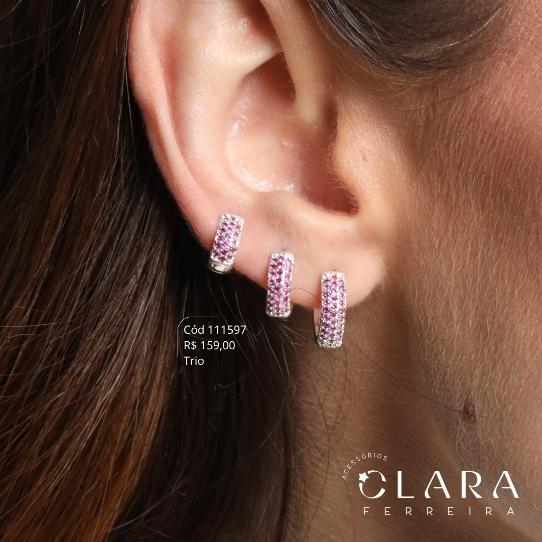 BRINCO KIT TRIO ARGOLINHA CLICK 3 FILEIRAS MICROZIRCÔNIAS COR-DE-ROSA C/ BORDAS LISAS - 9, 10 E 12X4MM - Banho de Prata