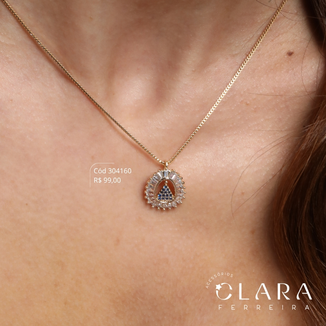 COLAR VENEZIANA C/ PINGENTE MANDALA NOSSA SENHORA MANTO MICROZIRCÔNIAS AZUIS ADORNADA 1 FILEIRA ZIRCÔNIAS TRAPÉZIO - 15MM - 45CM - Dourado