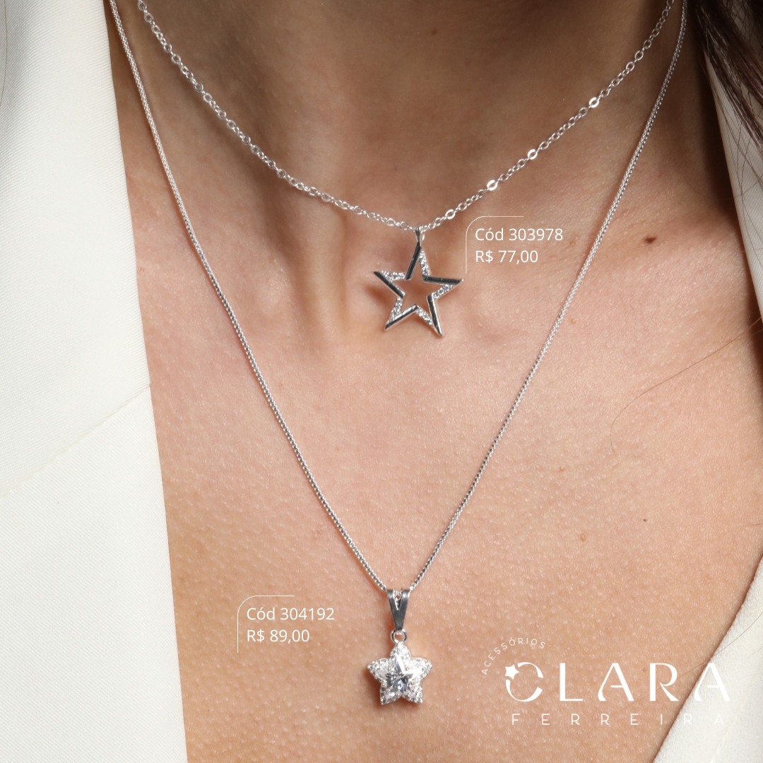 COLAR VENEZIANA C/ PINGENTE ZIRCÔNIA ESTRELA 8MM 5 GARRAS ADORNADA UMA FILEIRA MICROZIRCÔNIAS - 14MM - 45CM - Banho de Prata