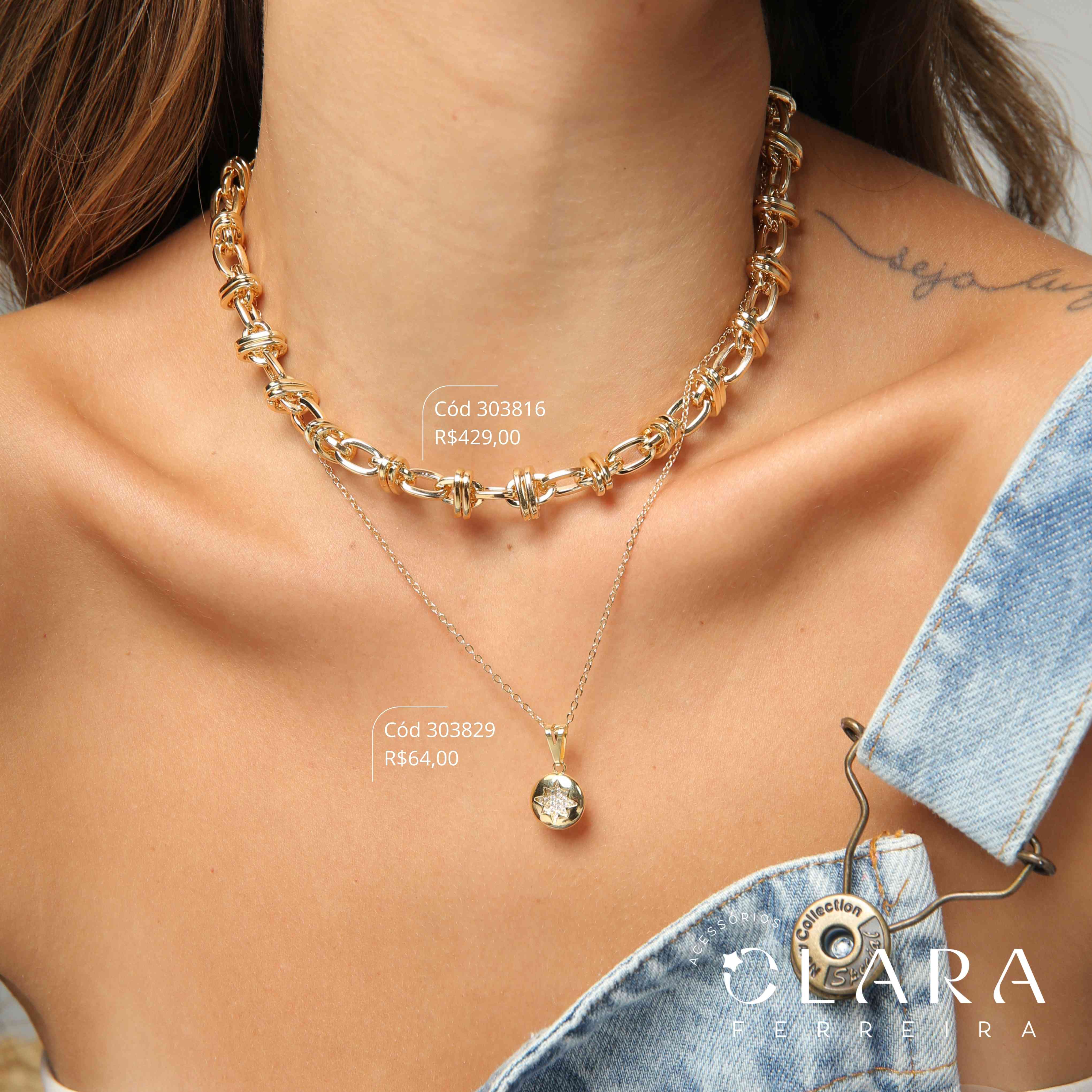 COLAR ELOS C/ MEDALHA ESTRELA DE 8 PONTAS MICROZIRCÔNIAS - 14MM - 45CM - Dourado