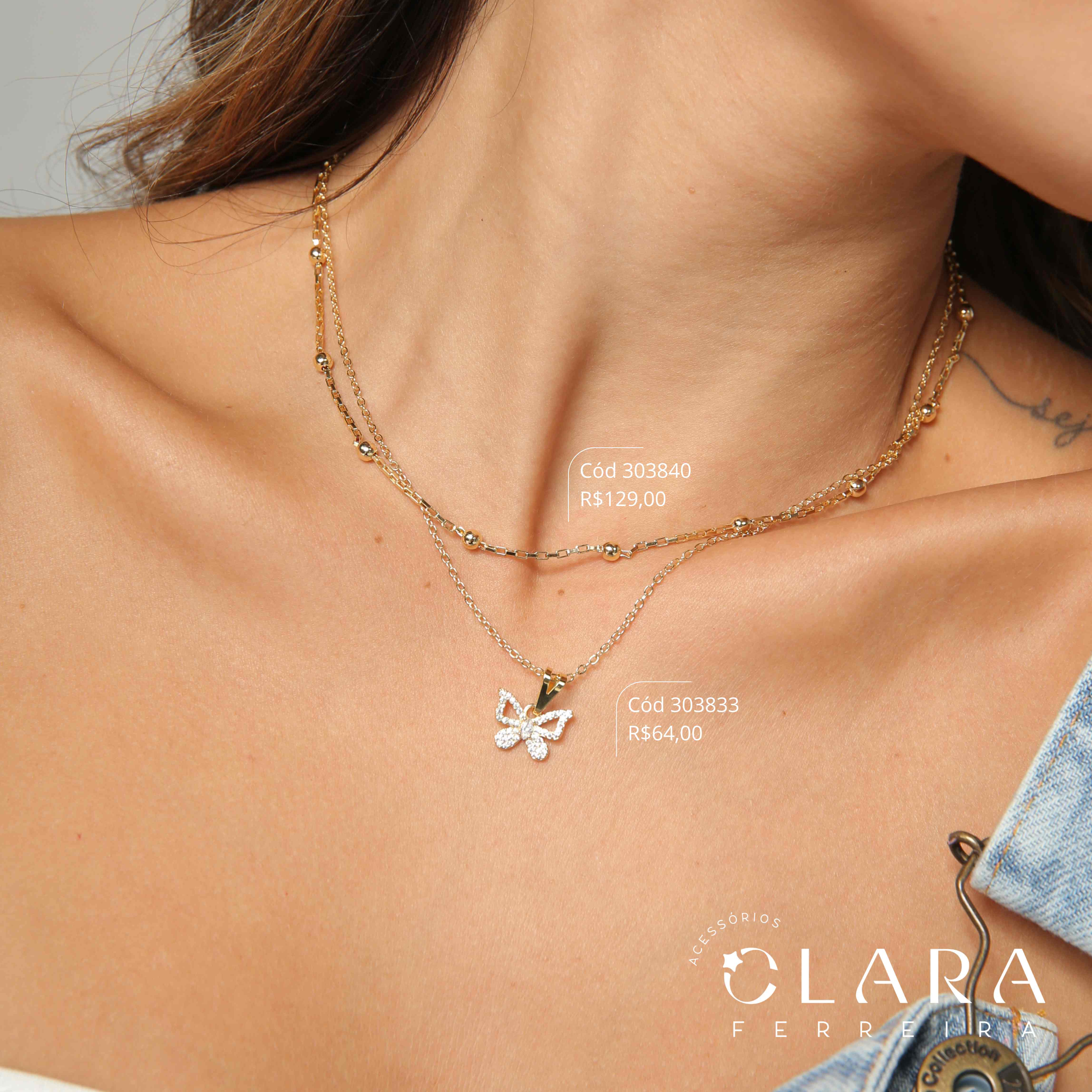 COLAR ELOS C/ PINGENTE BORBOLETA MICROZIRCÔNIAS VAZADA - 10MM - 45CM - Dourado