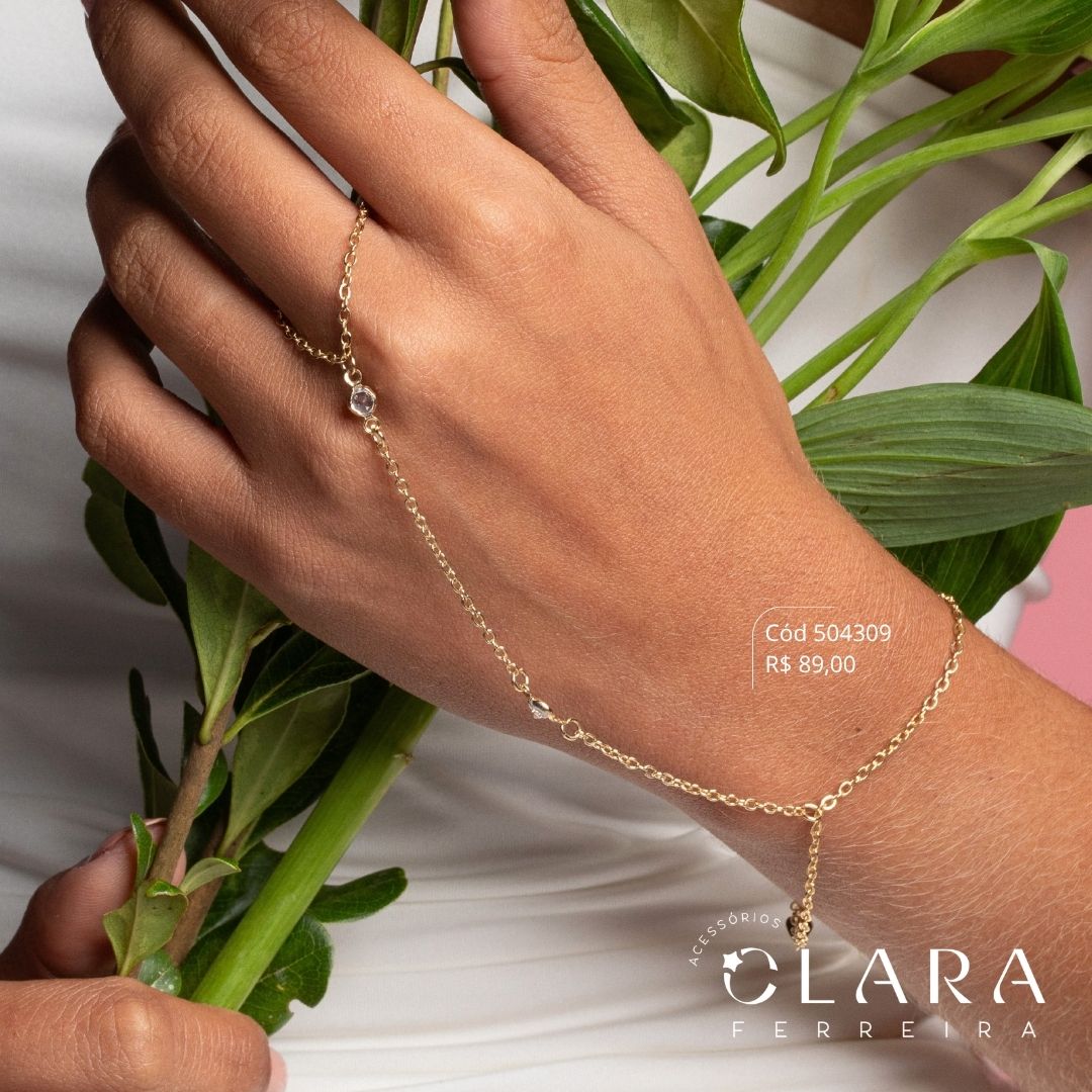 PULSEIRA HAND CHAIN ELOS C/ 1 TIFFANY REDONDA FIXA - 17CM - PEÇA VENDIDA - Dourado