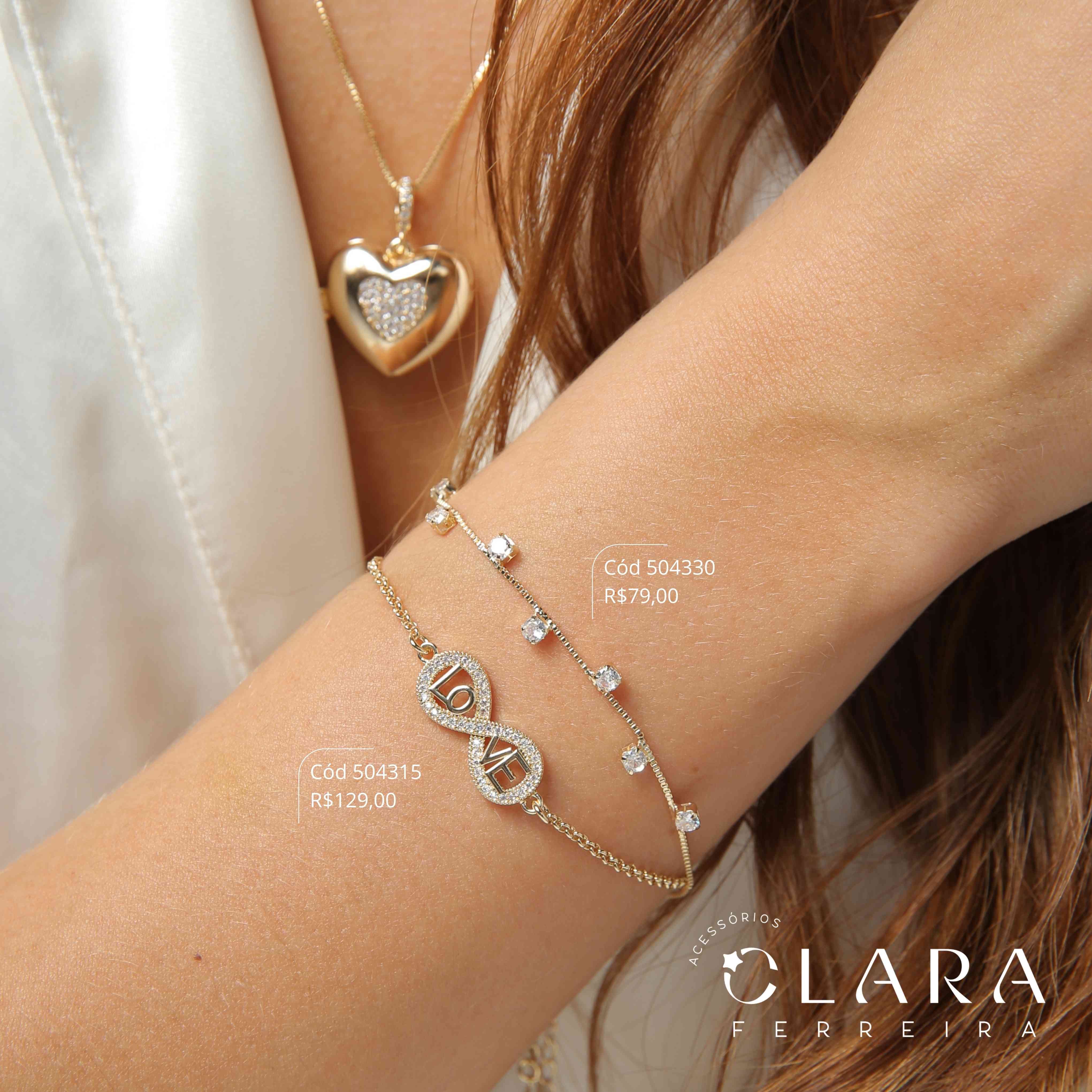 PULSEIRA ELOS PORTUGUÊS C/ INFINITO MICROZIRCÔNIAS VAZADO C/ MANUSCRITO LOVE LISO FIXO - 17CM - Dourado