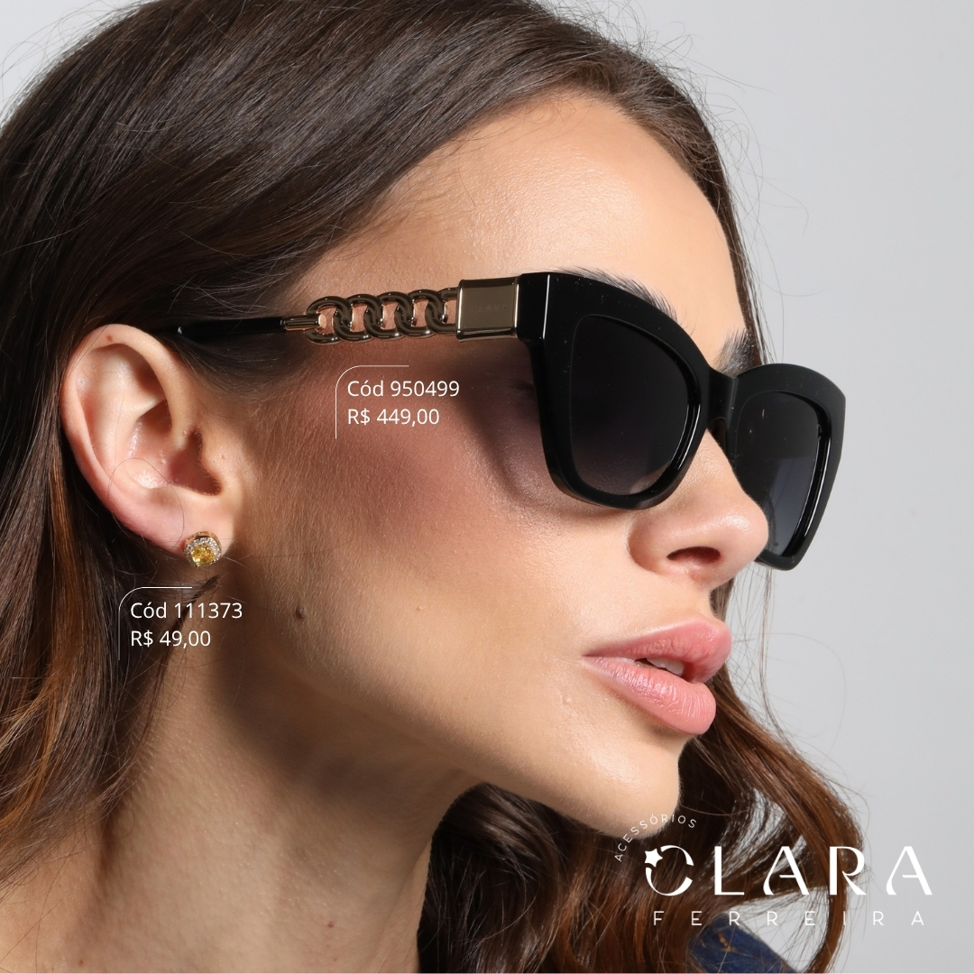 Óculos Solar QUADRADO PRETO C/ HASTES DETALHE EM METAL - INSPIRAÇÃO MICHAEL KORS - Lente Anti-impacto Polarizada - ET3523-C1