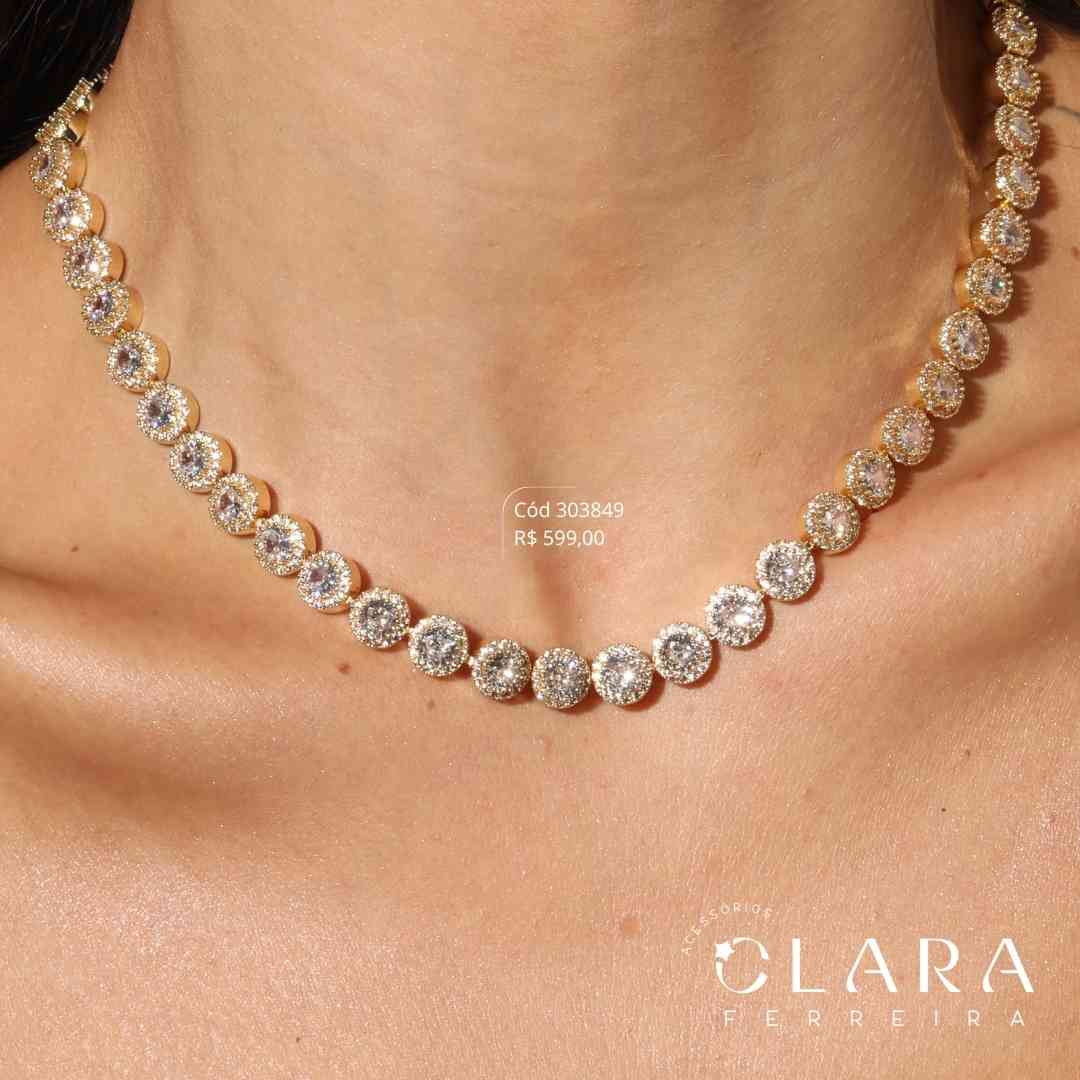 COLAR CHOKER ZIRCÔNIAS REDONDAS ADORNADAS C/ MICROZIRCÔNIAS INSPIRAÇÃO SWAROVSKI LINHA FESTA - 8MM - 40CM - Dourado