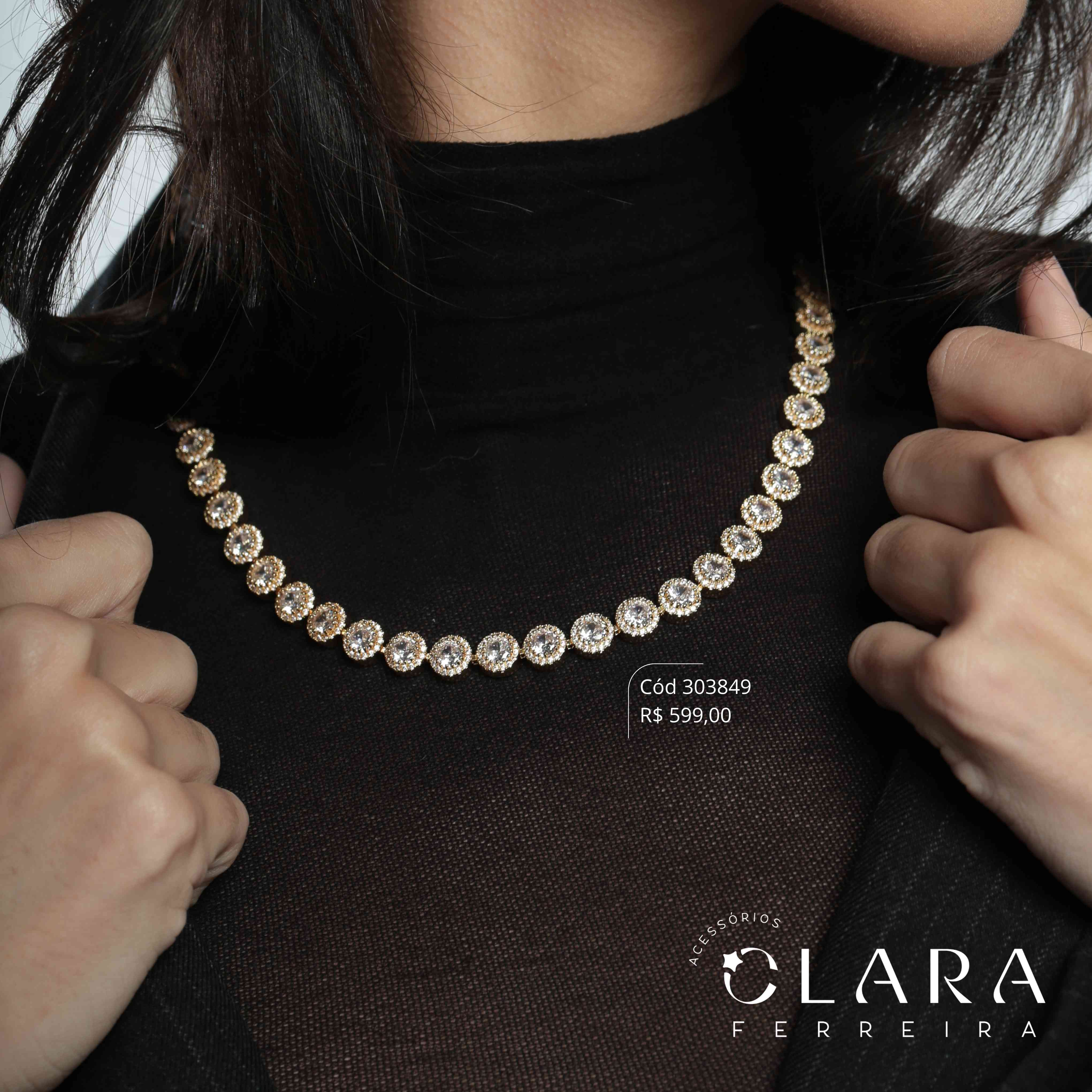 COLAR CHOKER ZIRCÔNIAS REDONDAS ADORNADAS C/ MICROZIRCÔNIAS INSPIRAÇÃO SWAROVSKI LINHA FESTA - 8MM - 40CM - Dourado