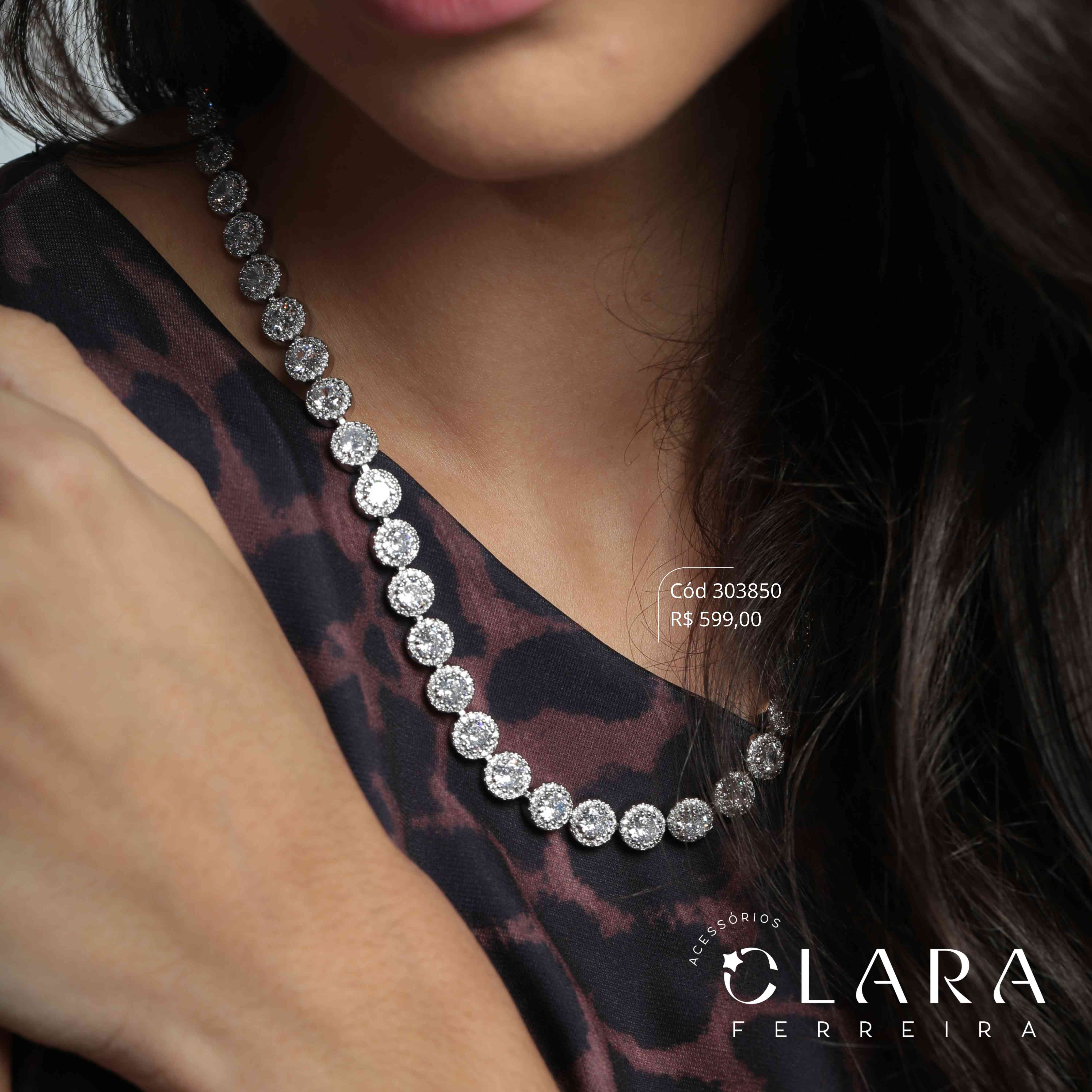 COLAR CHOKER ZIRCÔNIAS REDONDAS ADORNADAS C/ MICROZIRCÔNIAS INSPIRAÇÃO SWAROVSKI LINHA FESTA - 8MM - 40CM - Banho de Prata