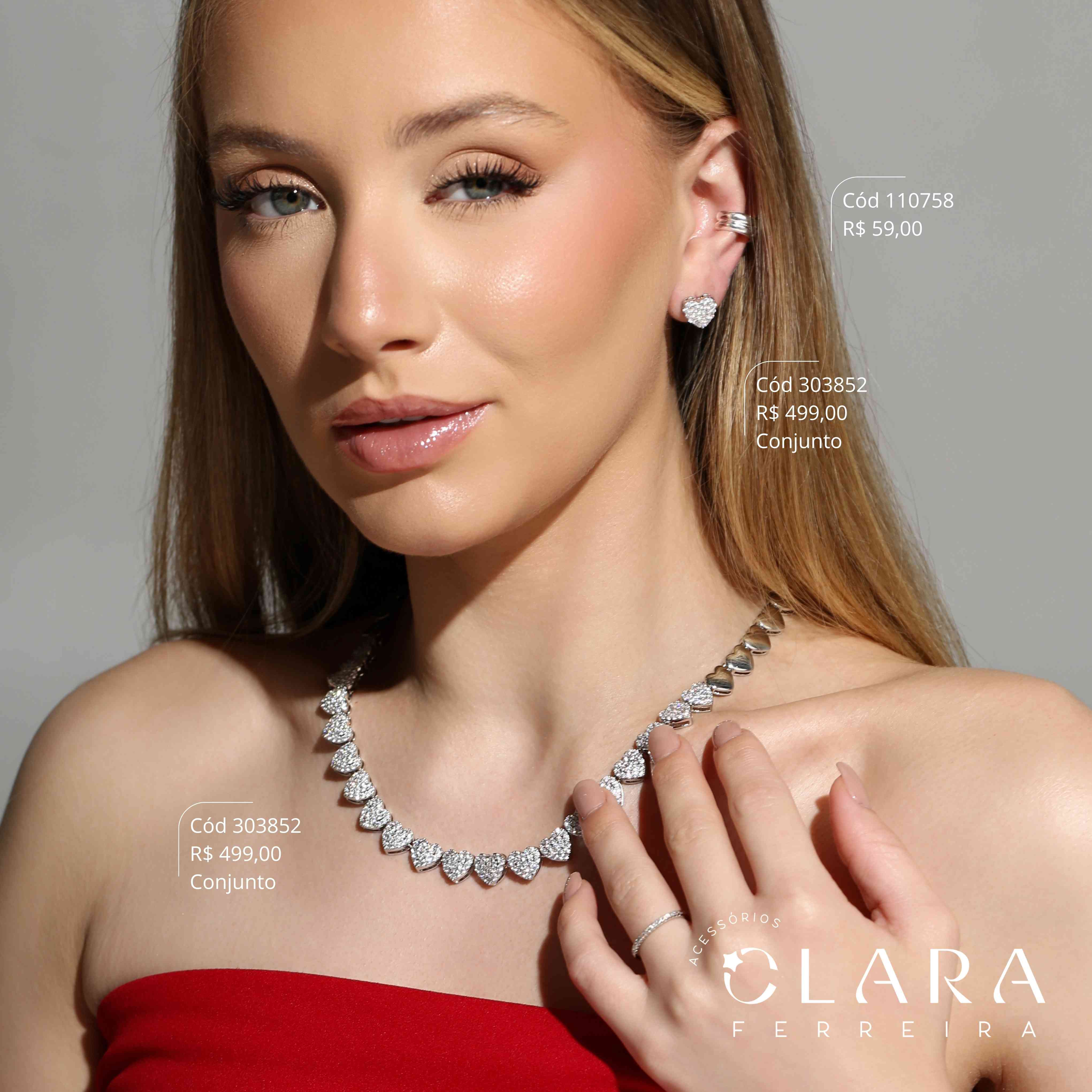 COLAR COLAR CORAÇÃO CHUVEIRINHO  MICROZIRCÔNIAS CAIXA ALTA E BRINCO CHUVEIRINHO CORAÇÃO – INSPIRAÇÃO SWAROVSKI – LINHA FESTA - 10MM - 40CM - Banho de Prata