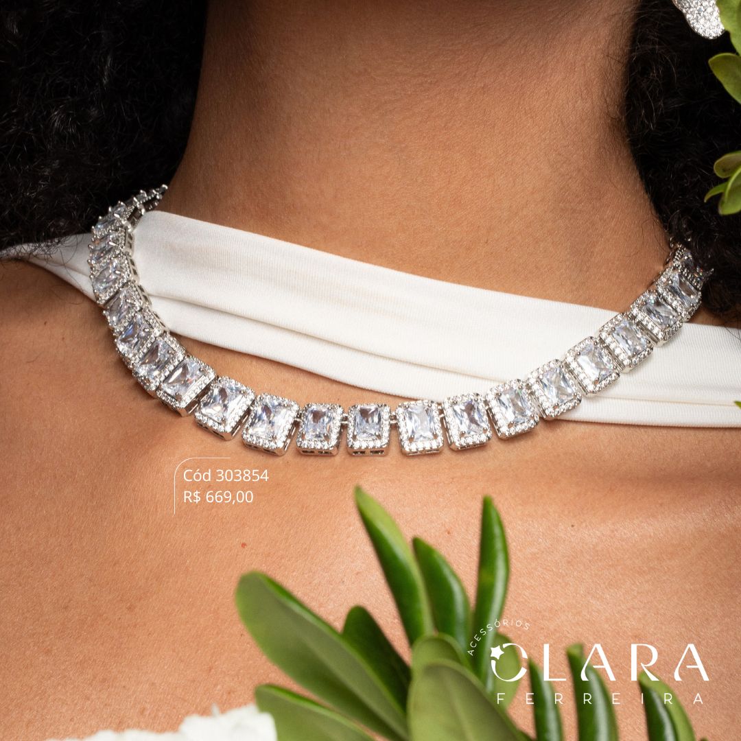 COLAR CHOKER ZIRCÔNIAS RETANGULARES ADORNADAS C/ MICROZIRCÔNIAS INSPIRAÇÃO SWAROVSKI LINHA FESTA - 11MM - 40CM - Banho de Prata