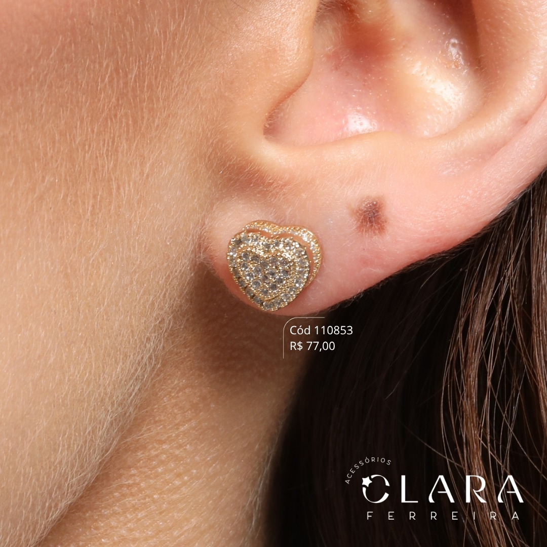 BRINCO CORAÇÃO MICROZIRCÔNIAS C/ LATERAL 1 FILEIRA MICROZIRCÔNIAS - 9MM - Dourado