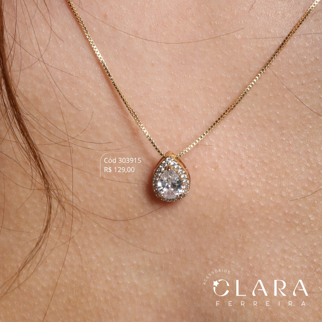 COLAR VENEZIANA C/ PINGENTE ZIRCONIA GOTA 6MM ADORNADO MICROZIRCONIAS - 45CM - Dourado