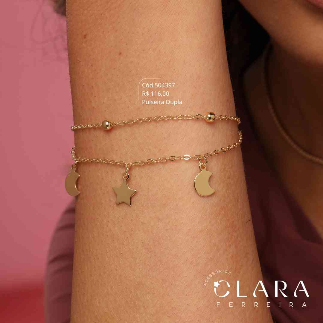 PULSEIRA DUPLA: 1 FIO ELOS C/ BOLINHAS E 1 FIO ELOS C/ 2 LUAS E 1 ESTRELA PENDURADAS - 17CM - Dourado