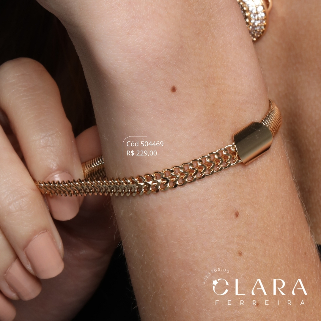 PULSEIRA 2 MALHAS: METADE MALHA COBRA E METADE GRUMET DUPLA 1X1 - 6MM - 17CM - Dourado