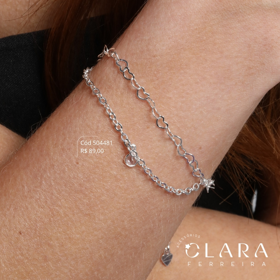 PULSEIRA DUPLA 2 FIOS: ELO CADEADO C/ TIFF ZIRCONIA 6MM PENDURADA E ELOS CORAÇÕES - 17CM - Banho de Prata