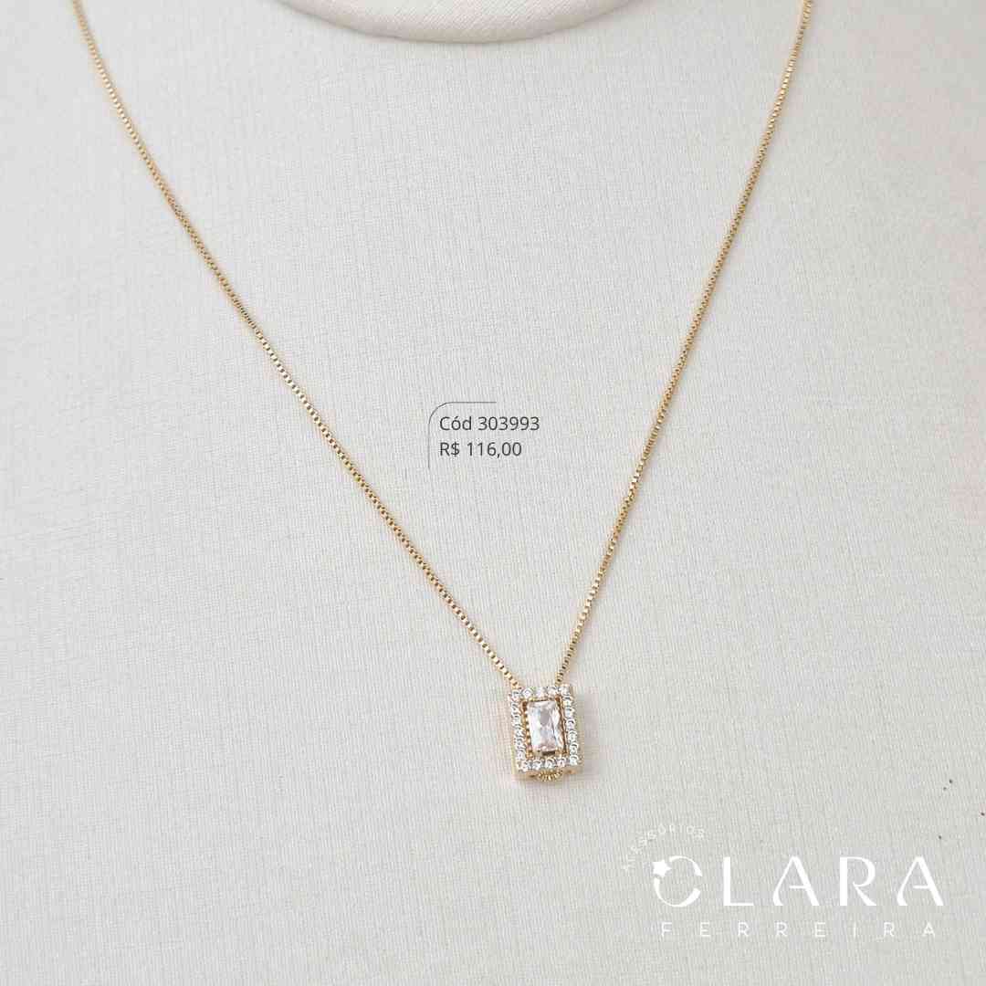 COLAR GRAVATINHA AJUSTAVEL VENEZIANA C/ PINGENTE ZIRCÔNIA RETANGULAR ADORNADA MICROZIRCÔNIAS - 50CM - Dourado