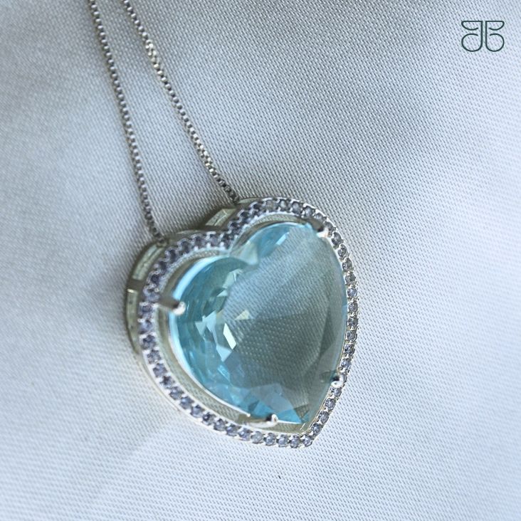 CONJUNTO PEDRA CORAÇÃO AZUL ACQUA PRATA