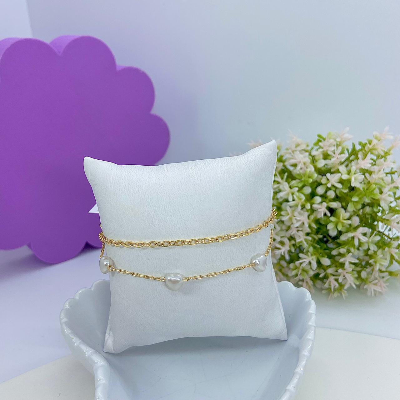 PULSEIRA DUPLA CORAÇÕES PÉROLAS PO2601