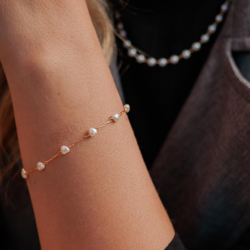 Pulseira Pérola De Coração Delicada Best-seller Banhado Em Ouro