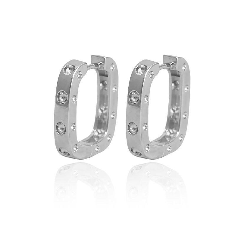 Brinco Argola Retangular Click com Zirconias Médio Banho Ródio Branco Semijoia