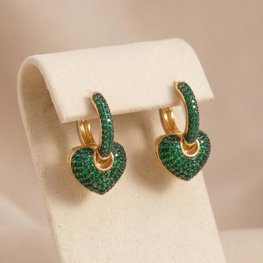 Brinco de Argola Clik pingente coração - Verde esmeralda